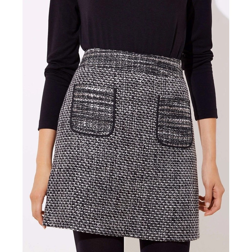 Loft Black White Tweed Mini Skirt Front Pockets A-Line Textured Woven